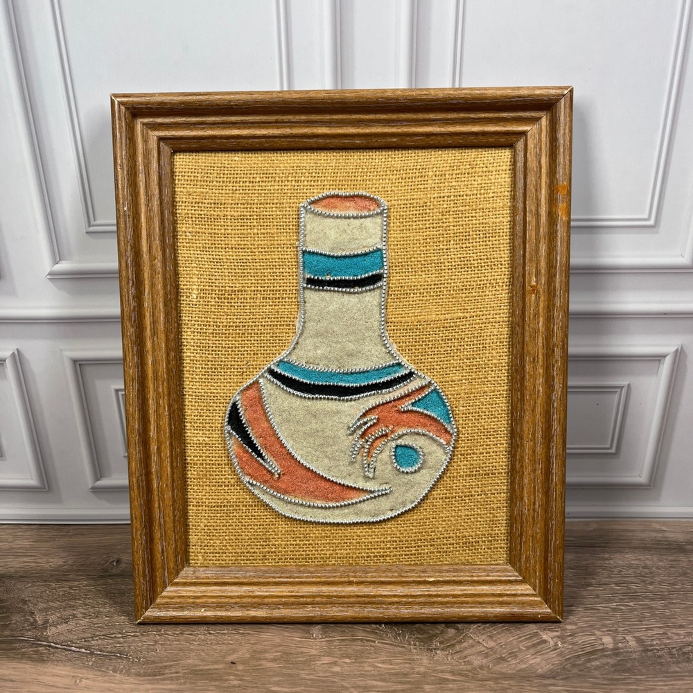 Vintage Sand Zipper Art Wall Decor Tan Southwestern Pottery Burlap Wood Frame